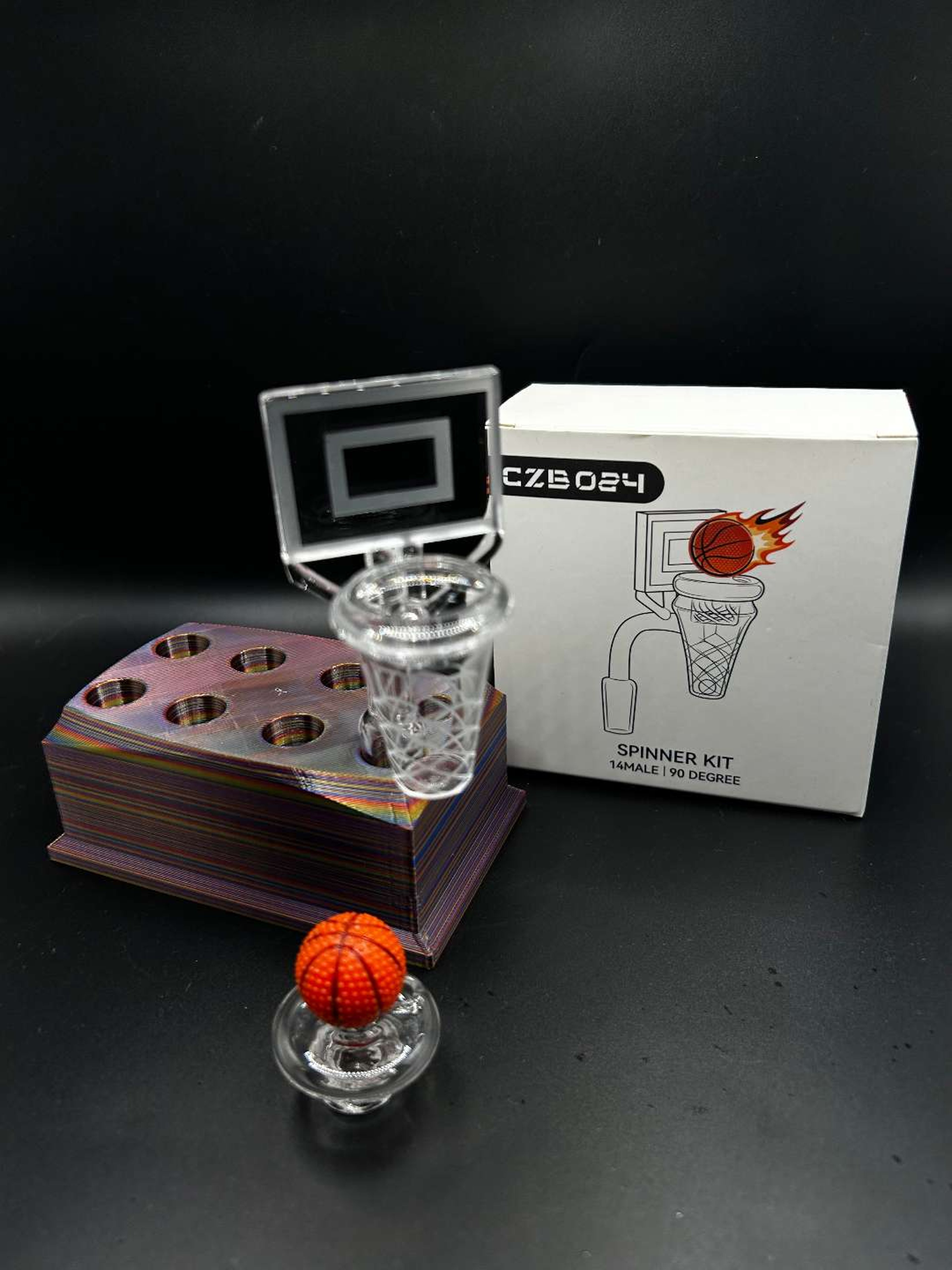 Preview pic of Basketball Hoop Quartz Banger Spinner Kit with Basketball Carb Cap – 14mm Male / 90° Degree