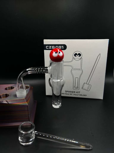 Preview pic of Fully Welded Quartz Slurper Spinner Kit with Red Googly Eyeball Carb Cap & Dish – 14mm Male / 90°