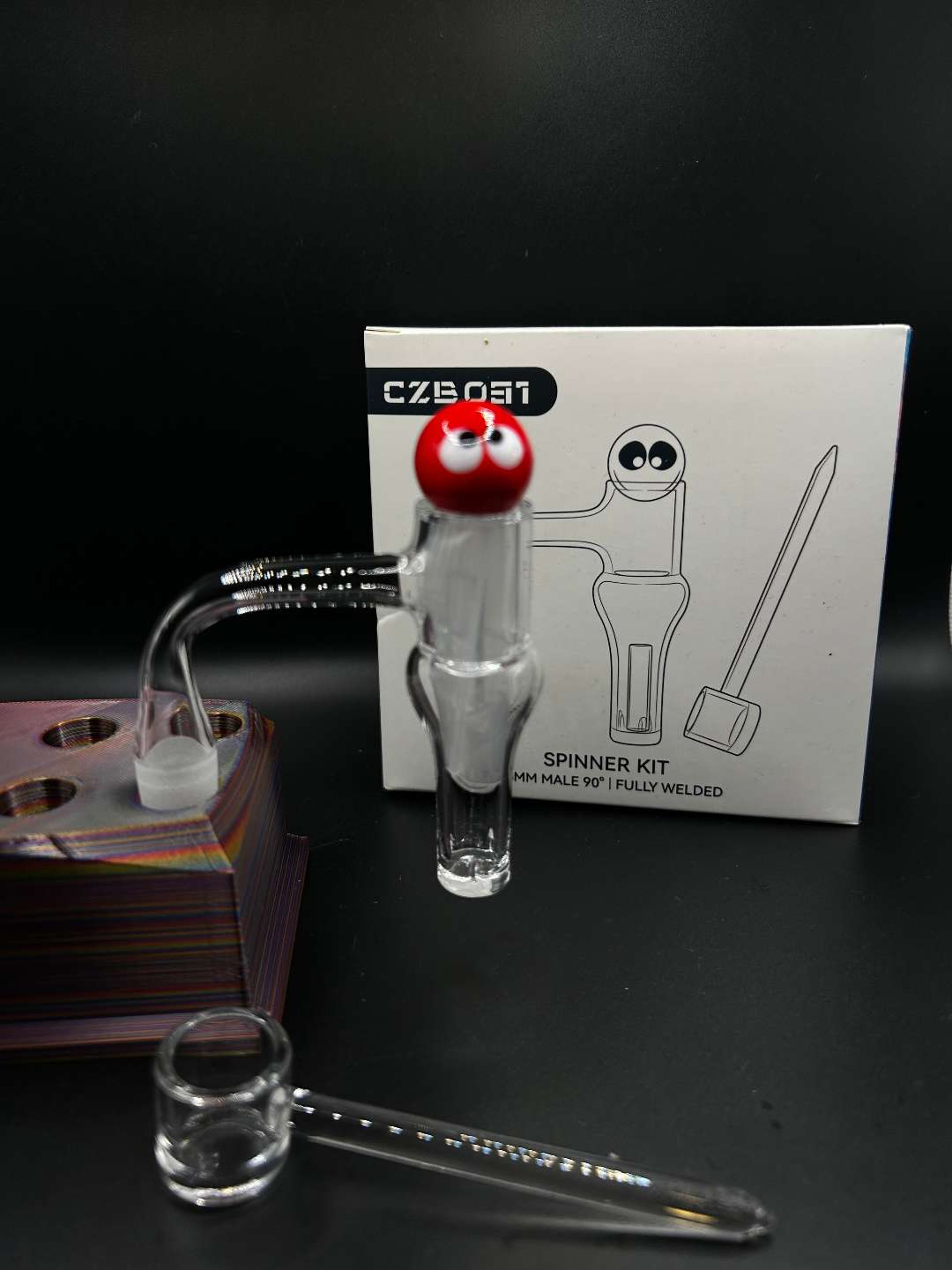 Preview pic of Fully Welded Quartz Slurper Spinner Kit with Red Googly Eyeball Carb Cap & Dish – 14mm Male / 90°