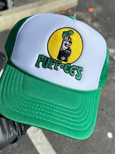 Preview pic of Custom Embroidered Puff-ee’s Puffcon Snapback Trucker Hat – Green/White