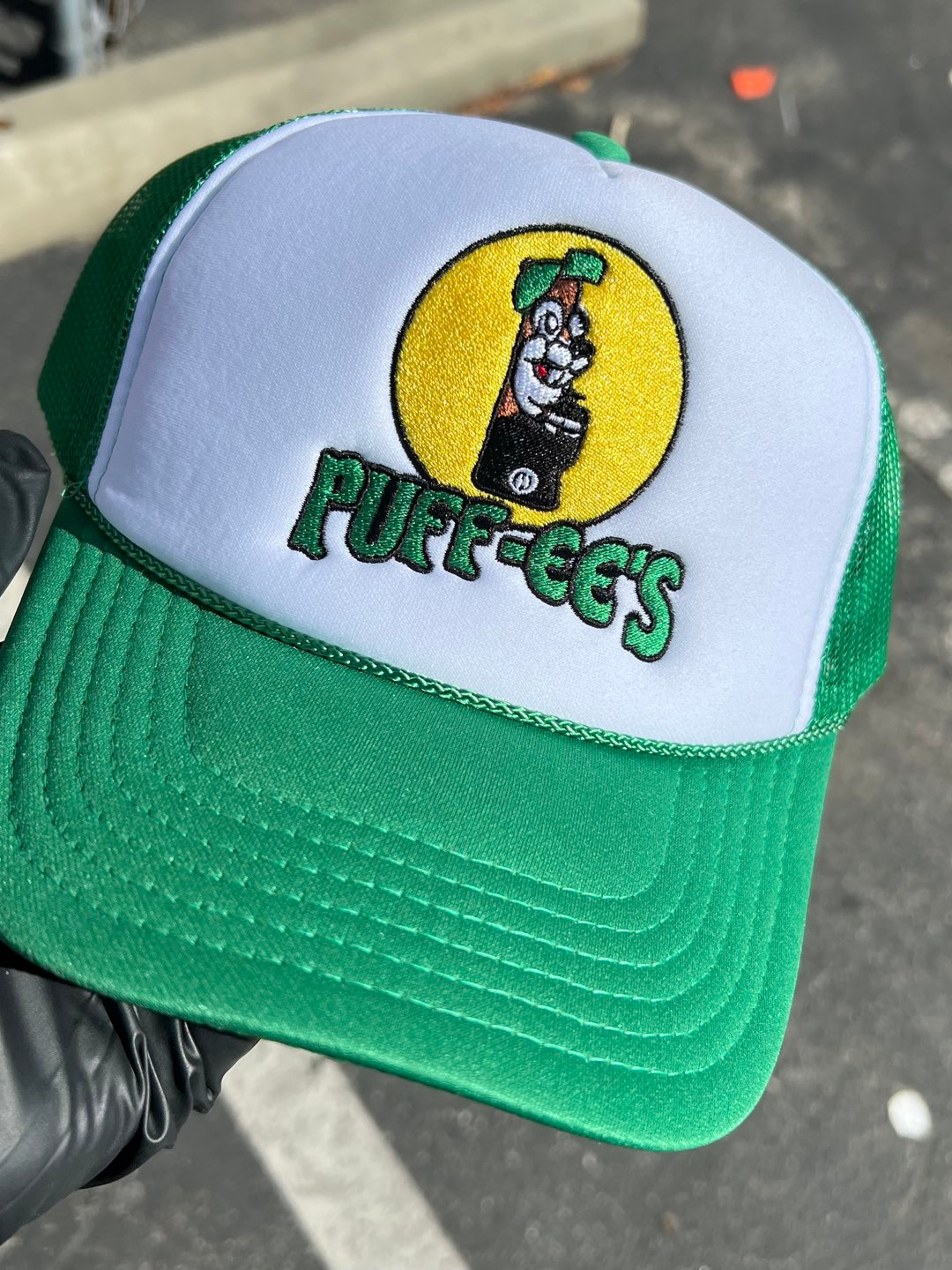 Preview pic of Custom Embroidered Puff-ee’s Puffcon Snapback Trucker Hat – Green/White