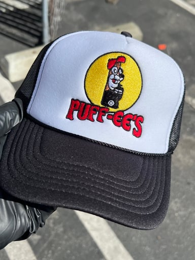 Preview pic of Custom Embroidered Puff-ee’s Puffcon Snapback Trucker Hat – Black/White