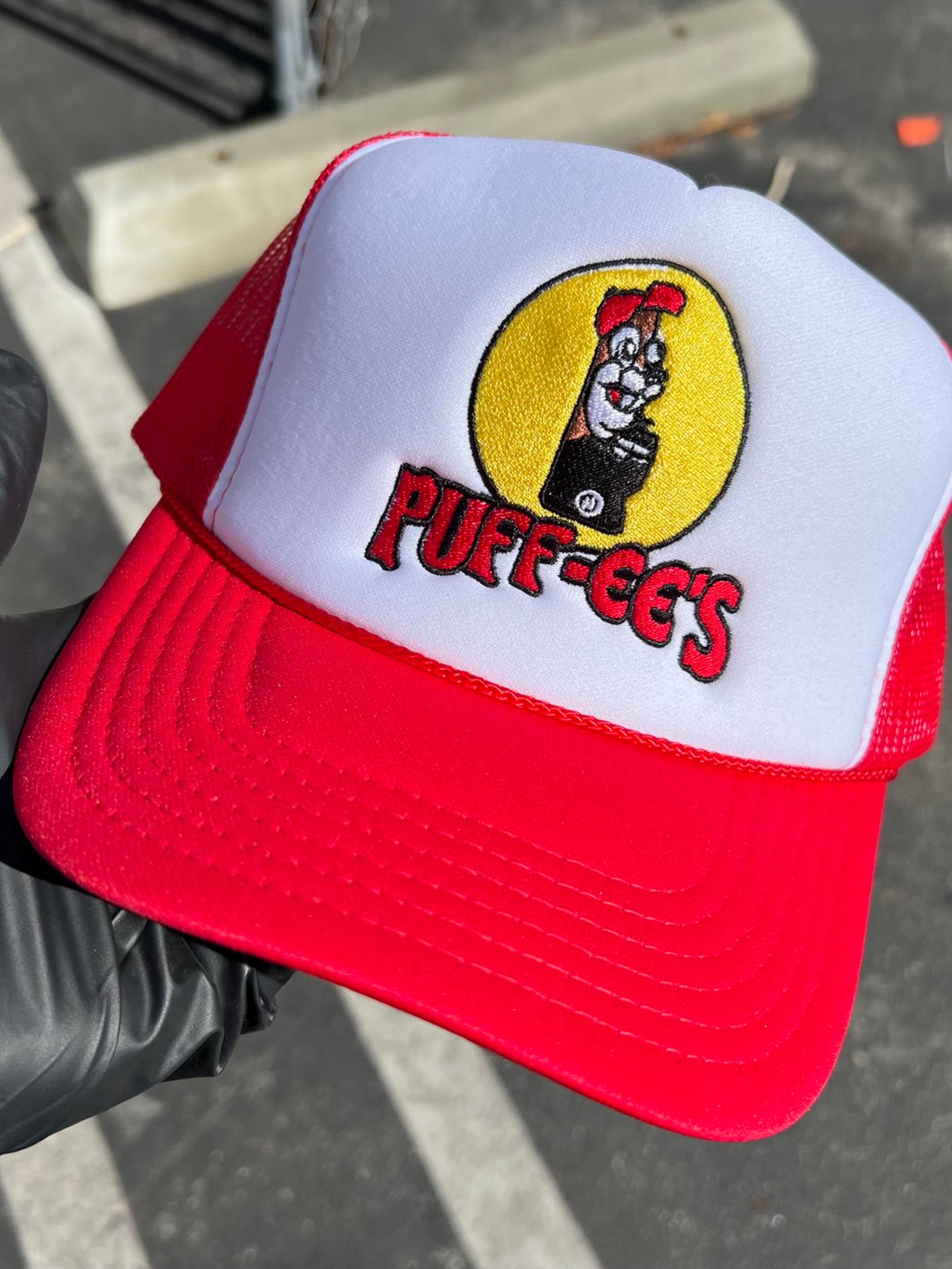 Preview pic of Custom Embroidered Puff-ee’s Puffcon Snapback Trucker Hat – Red/White