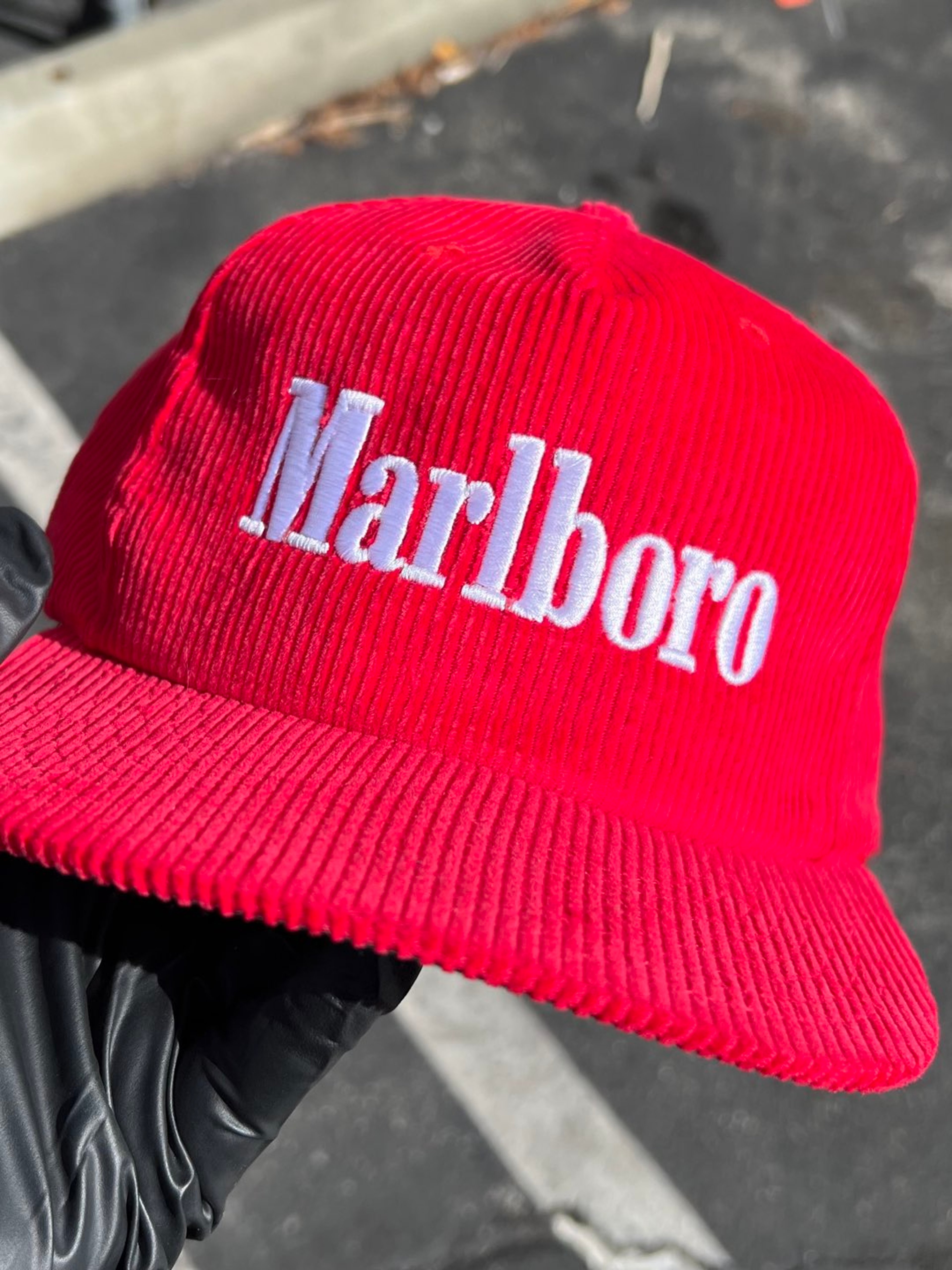 Preview pic of Custom Marlboro Red Corduroy Hat Embroidered Retro Snapback Cap