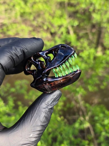 Preview pic of Roe Glass - T-Rex Skull Pendant Opalized Electrum