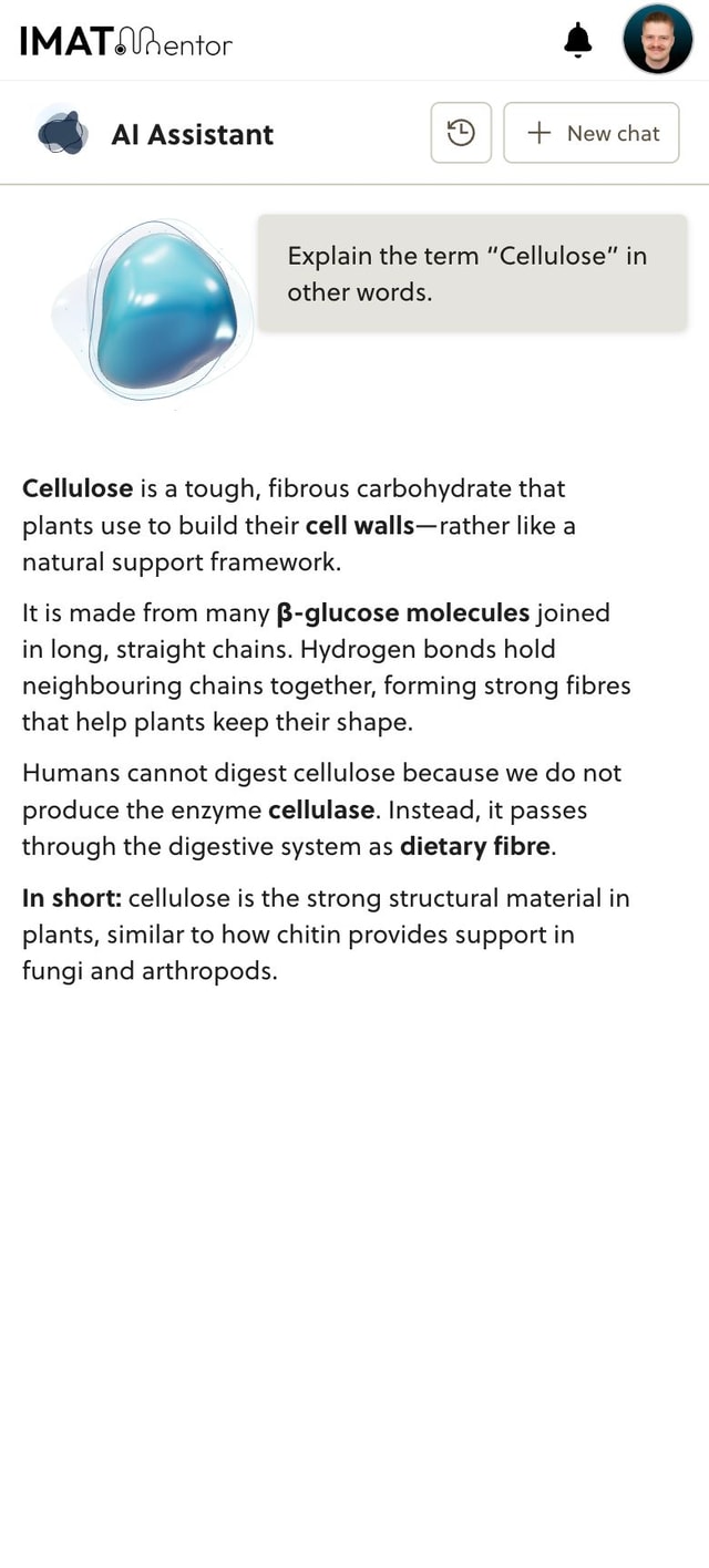 IMAT Mentor AI study assistant explaining cellulose on mobile