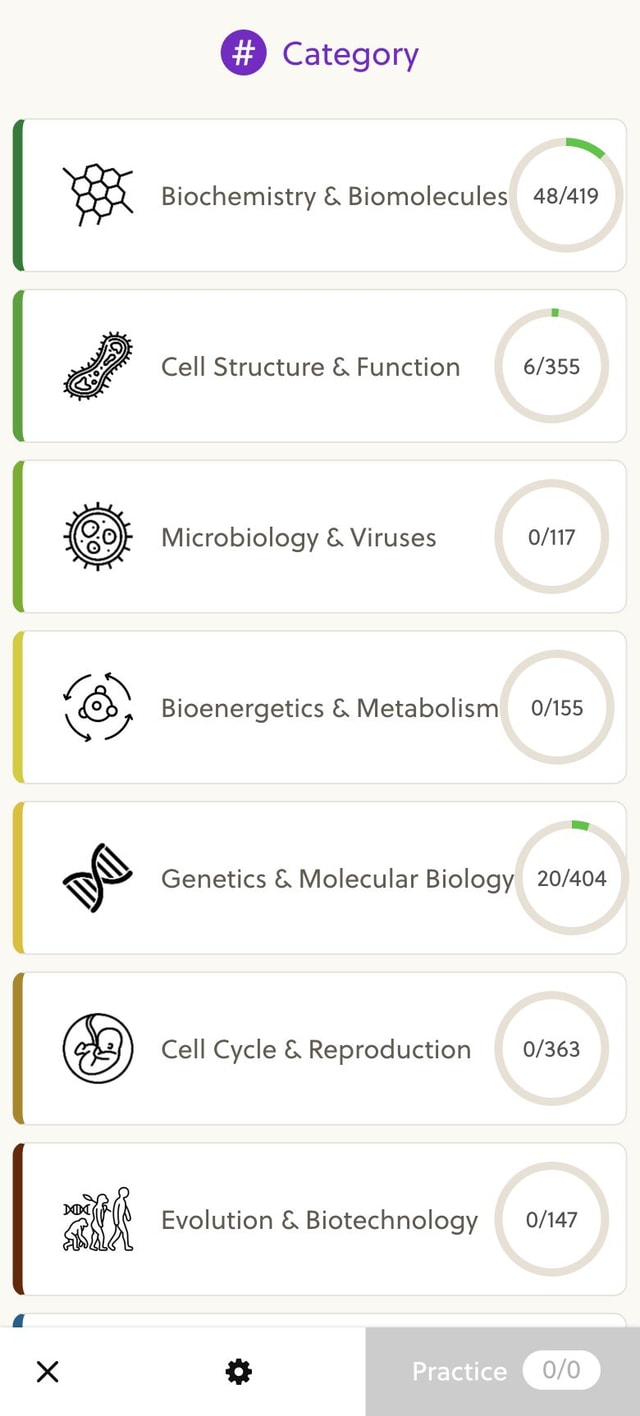 Biology practice categories on mobile