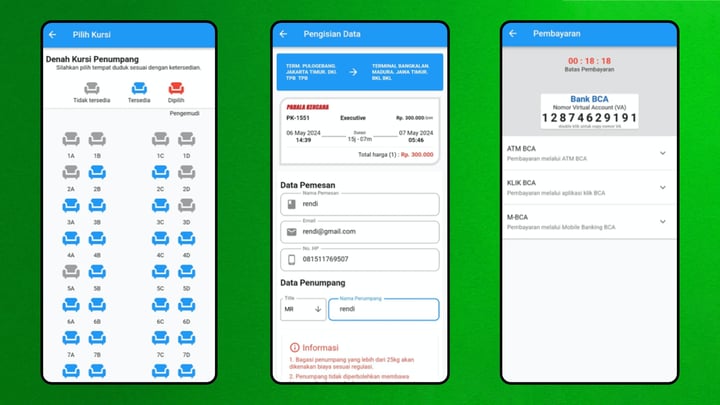 Aplikasi Ticketing Pahala Kencana: Tampilan antarmuka untuk pemesanan dan manajemen tiket.