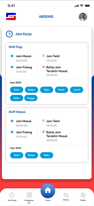 Jam Kerja: Informasi jam kerja dan shift yang telah ditetapkan perusahaan, termasuk jam masuk, jam pulang, batas keterlambatan, serta hari kerja aktif.