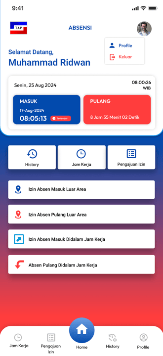 Dashboard Absensi: Ringkasan kehadiran harian karyawan, menampilkan jam masuk, jam pulang, durasi kerja, serta akses cepat ke fitur absensi dan pengajuan izin.