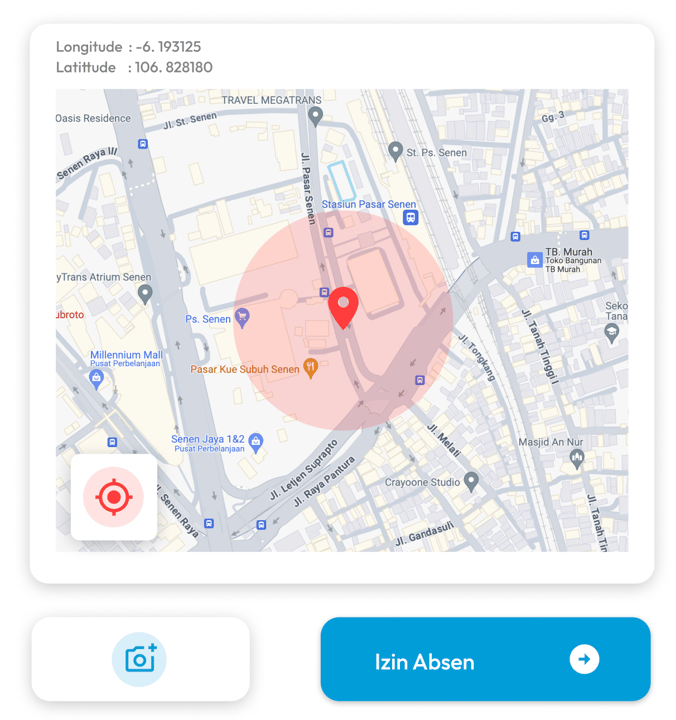 Terintegrasi dengan sistem GPS dan mendukung pengaturan radius absensi secara kustom. 
