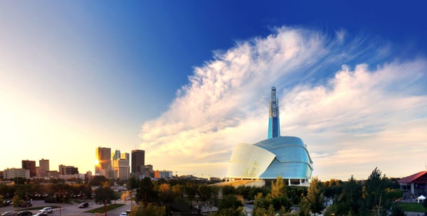 Winnipeg skyline as seen from The Forks. The Human Rights Museum is on the right. Picture taken on September 6, 2014.