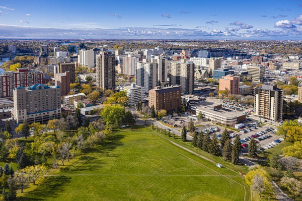 Aerial view of the Central Business District which is Saskatoon's bustling neighborhood of downtown living and business development.