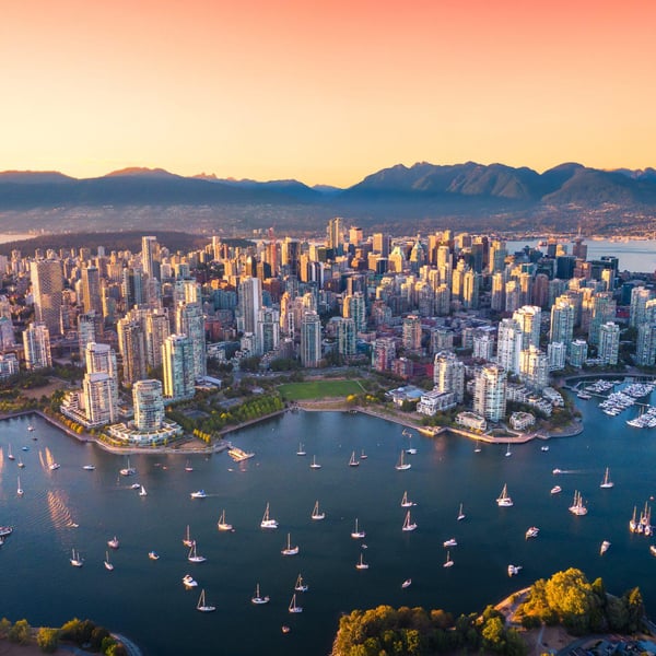Beautiful aerial view of downtown Vancouver skyline, British Columbia, Canada at sunset