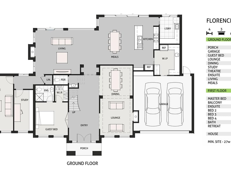 5 bedroom, 4 bathrooms, 2 car spaces floor plan