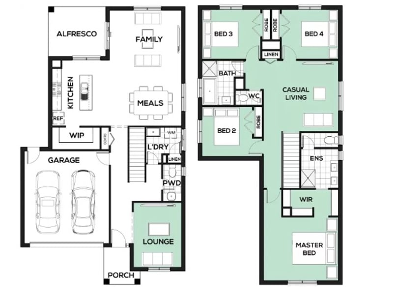 4 bedroom, 2 bathrooms, 2 car spaces floor plan