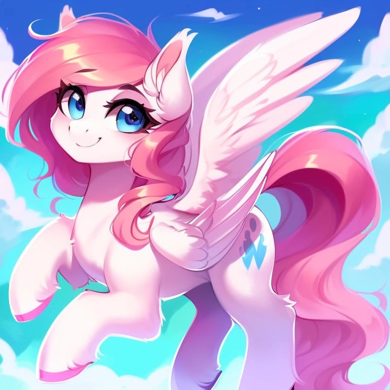 safe, digital painting,(e621_p_95), ((derpibooru_p_95)), 4k, a ((pegasus)) ((pony)) stretch her wings flying in the sky, pink hair with green stripes, blue eyes, (cute), (detailed smiling pony face), ((full body)), detailed shading, ((shiny coat)), anatomically correct, (detailed eyes), solo