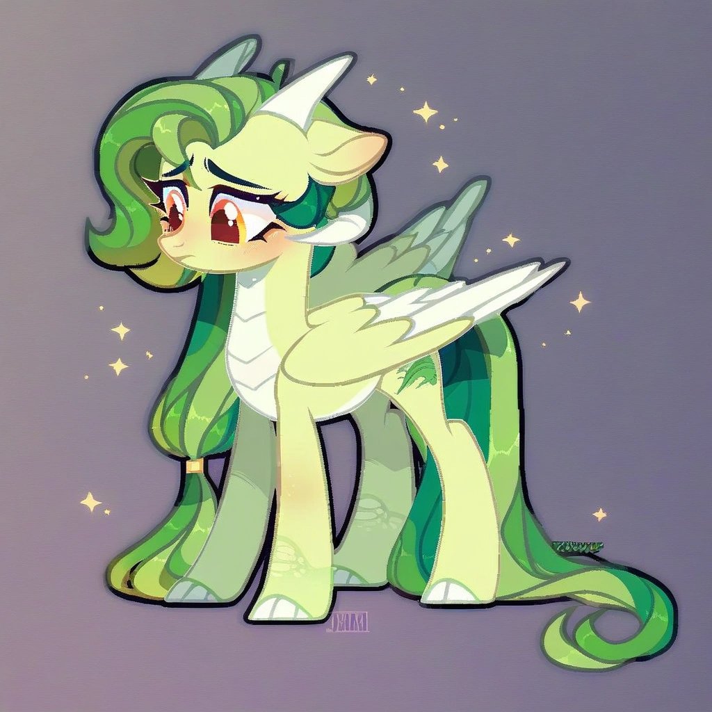 score_9, (rating_safe), (((mlp style))), ((base art)), (pony), girl, ((2D)), fullbody, ((pegasus)), two pair of wings, (((dragon tail)), white hair, white body, shy, reference, green tail