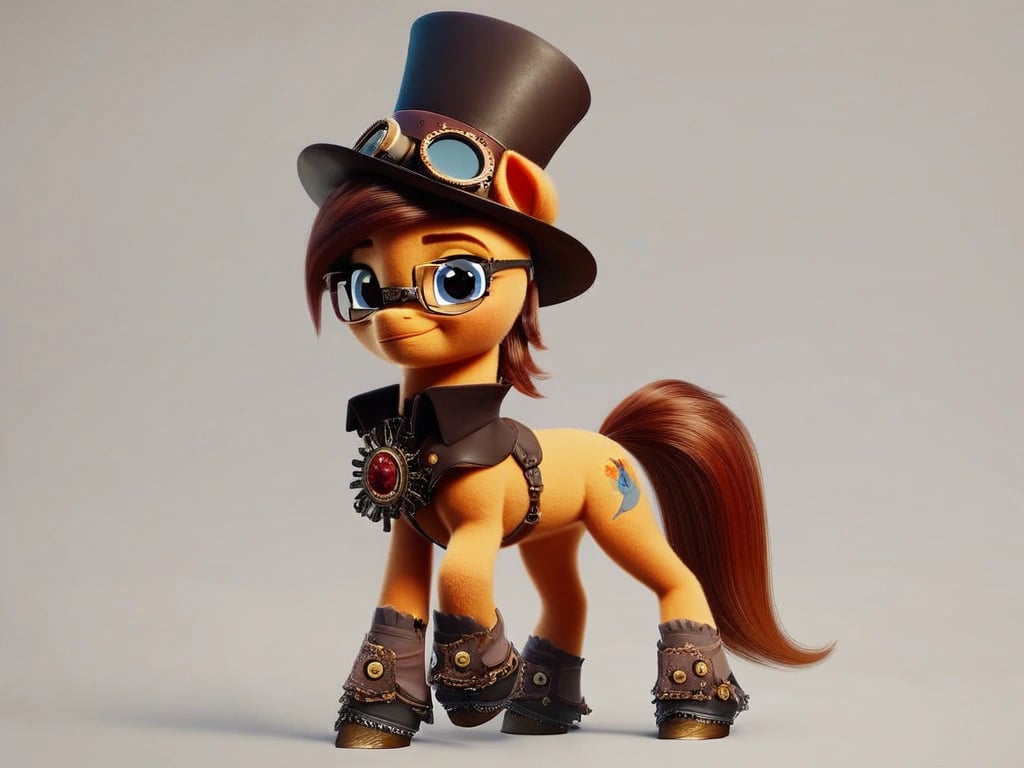 score_9, rating_safe, female, mare, pony, solo, gem, glasses, goggles, hat, jewelry, looking at you, oc, simple background, steampunk, top hat, transparent background, brown mane, oc only, ruff \(clothing\), buck legacy, jabot, oc:master engineer chet, g5, my little pony: a new generation, 3d, detailed, beautiful