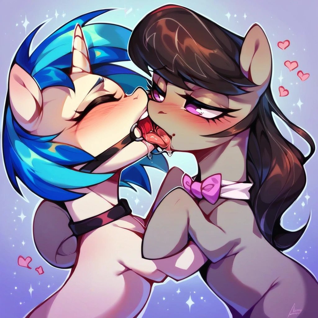 score_9, feral, two ponies, duo female, Vinyl Scratch, Octavia Melody, drool, both wearing a ring gag, kissing,