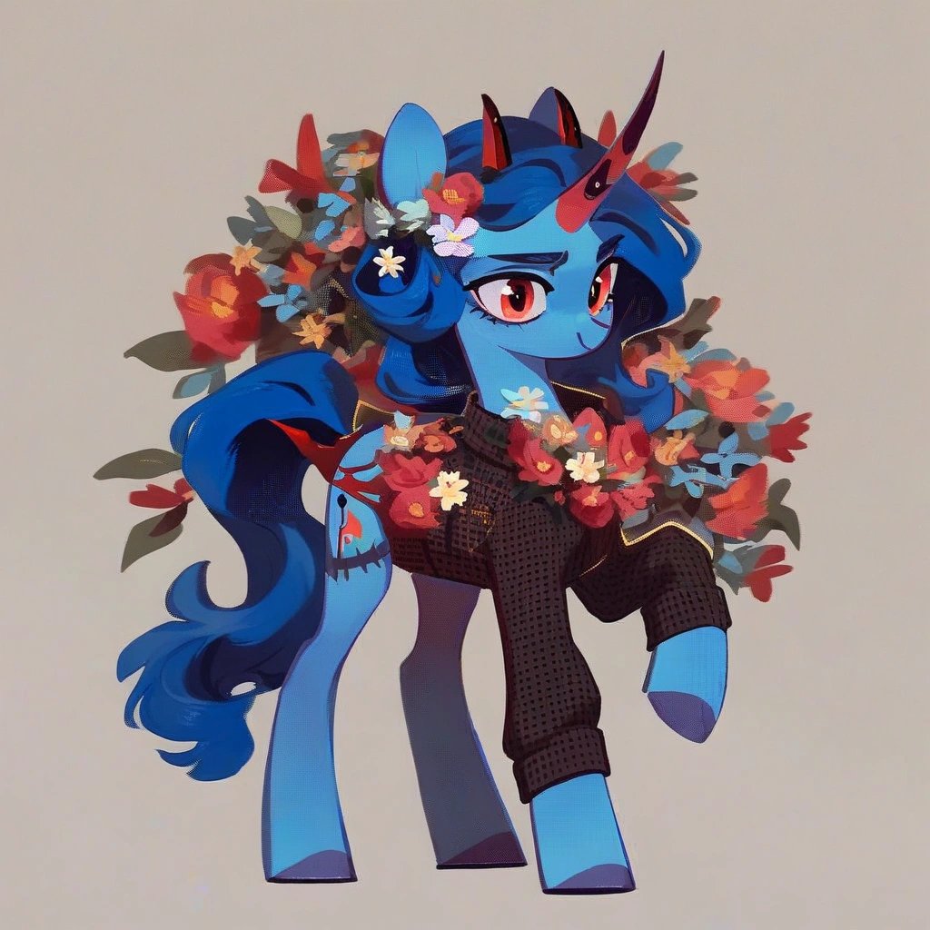 score_9, (rating_safe), blue body, pony, pony, unicorn, full height, character, blue color, devil horns, buttercups, flower decorations, strange