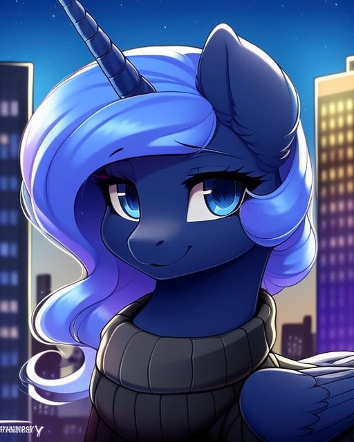 safe, (derpibooru_p_95), alicorn, Princess Luna, cute pony face, female, mare, fluffy body, (beautiful blue mane), short hair, beautiful blue eyes, dark blue skin, beautiful blue tail, ((black sweater)), smiling, looking at you, city lights background, 8k, very highly detailed, soft shading, nighttime, sharp focus, portrait, solo