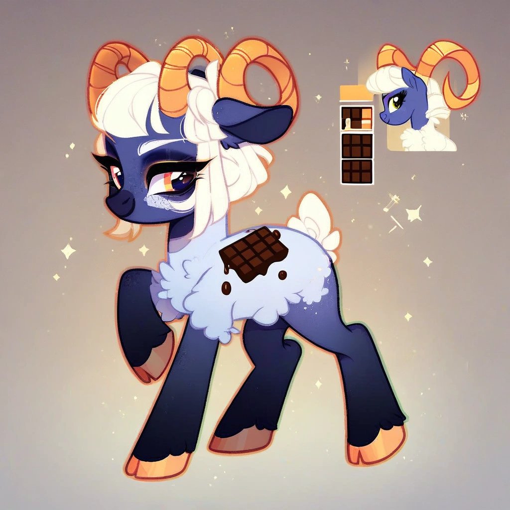 score_9, (rating_safe), Pony, mlp style, base, reference, 2d, girl, lamb, twisted horns, chocolate palette