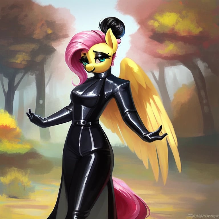 rating_safe, score_9, rating_safe, anthro pony, alone, fluttershy, black hair highlights, black eyeshadow, black lips, black shiny ridingboots, ((equestrian tailcoat outfit latex)), proud, standing, beautiful, detailed, hair bun