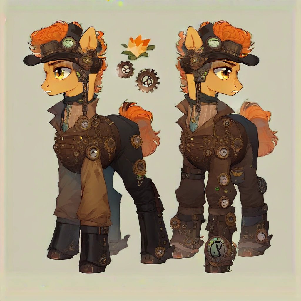 score_9, (rating_safe), Pony, Full Body, Reference, Steampunk, Orange, Black, Yellow, Costume