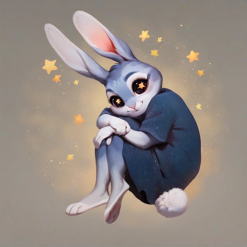 (rating_safe), score_9, Full body, solo, (female), (anthro) (bunny), leg markings, round rabbit tail, two legs, starry eyes, smiling, small upright ears, (detailed art style) bedroom setting