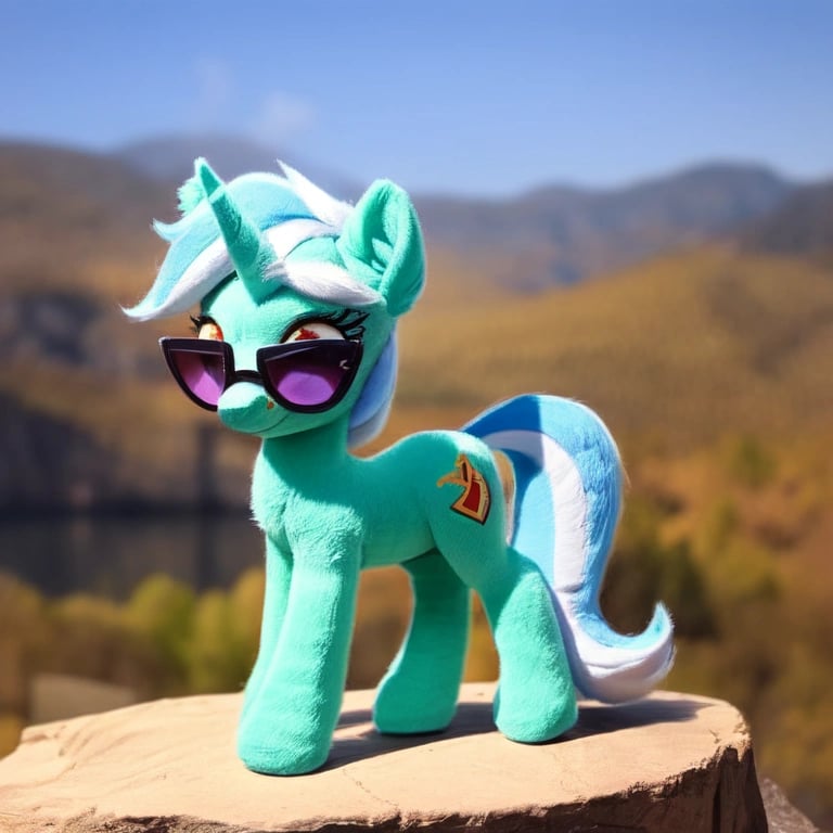 safe, score_9, irl, photo, [[plushie]], solo, pony lyra heartstrings in sunglasses, full body, smiling, detailed fur, ear fluff, cinematic lighting, soft shadows, artstation, digital illustration, detailed, sharp, smooth, vibrant colors, smooth gradients, depth of field
