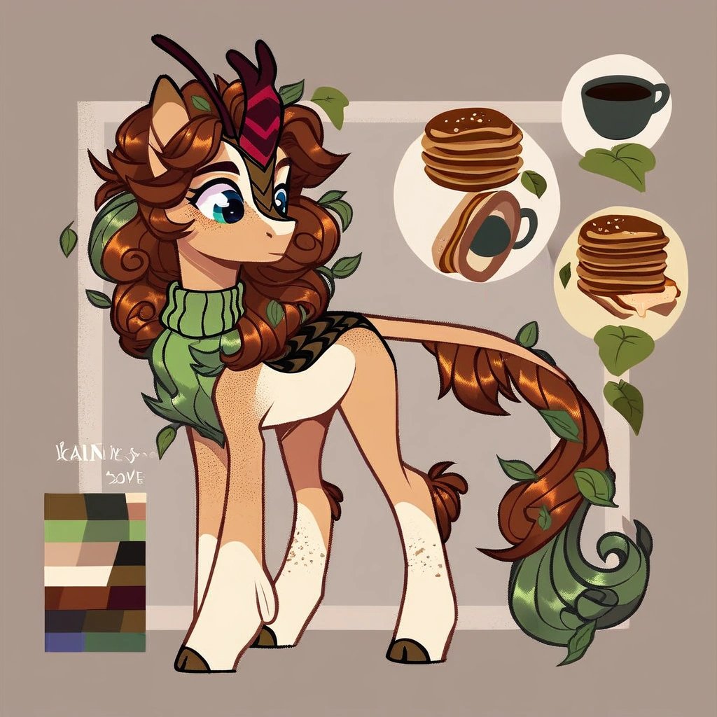 score_9, (rating_safe), full body, reference, reference sheet, full base, pony base, comfy sweater with patterns, insect antennas, pancakes, coffee, leaves in mane, tea leaves, plants, kirin, cup of coffee, green colors, brown colors, freckles, cottagecore