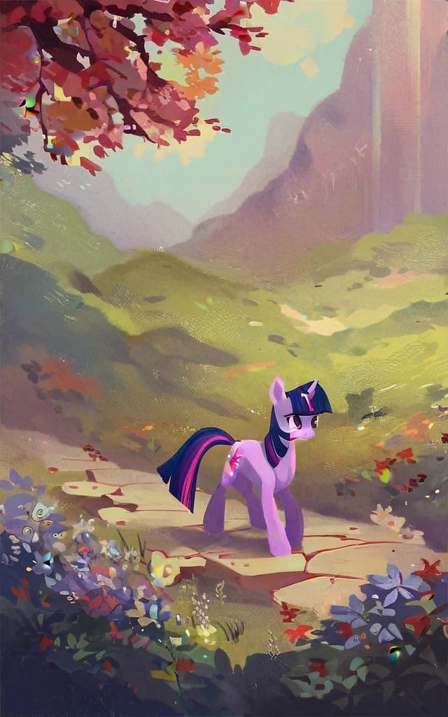 score_9, (rating_safe), twilight sparkle, feral unicorn pony, outside, detailed background, wallpaper