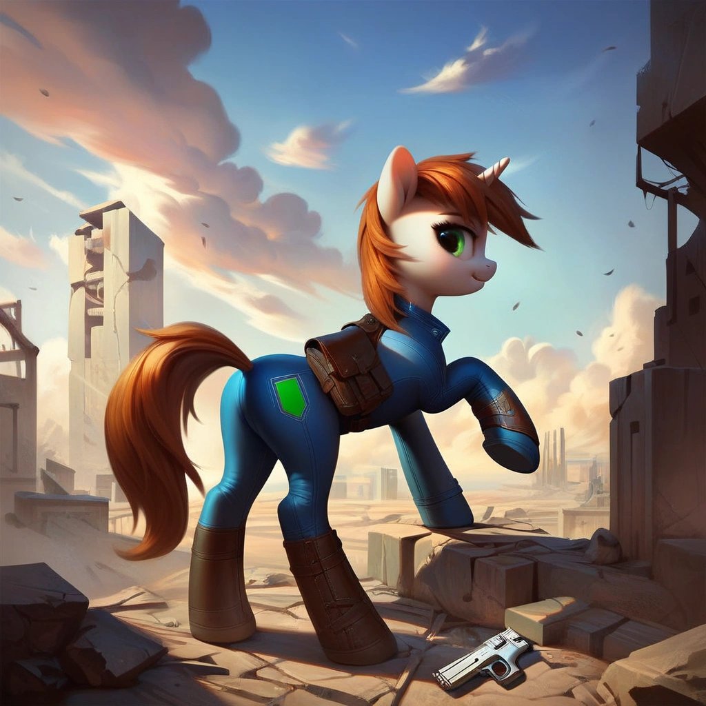 (score_9), pony, unicorn, Littlepip, light gray coat, brown mane, green eyes, adult, detailed fur, detailed cute pony face, beautiful, tight blue suit, leather barding, wasteland, ruins, dark cloud cover, holding pistol in magic