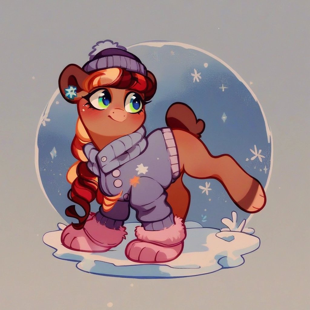 score_9, (rating_safe), pony base, full body, female, mlp style, 2d, pastel colors, girl, hat with earflaps, bear ears, bear tail, paw gloves, soft clothes, hairstyle, winter, snow, random