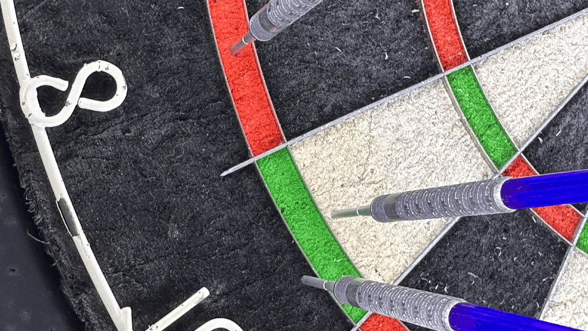 Close-up of a dartboard showing the double 16 and double 8 segments, illustrating the halving sequence