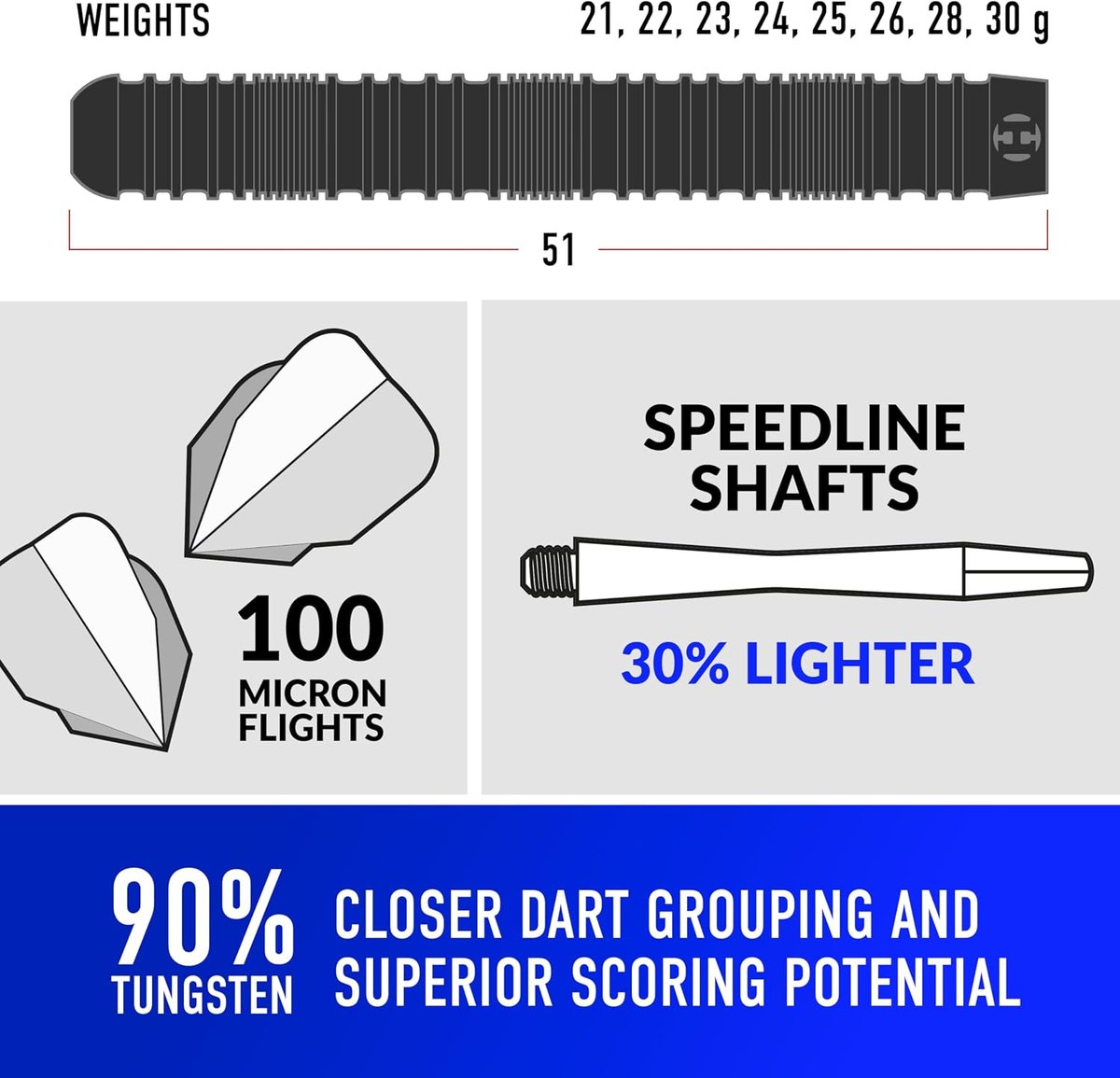Harrows Caliber spec graphic showing the barrel at 51mm, weights 21, 22, 23, 24, 25, 26, 28 and 30g, 100 micron flights, Speedline shafts 30% lighter and 90% tungsten