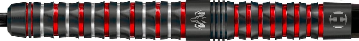 Harrows Wolfram Infinity barrel shown horizontally, with red and silver ring grooves running the full length and the wolf head logo at the centre