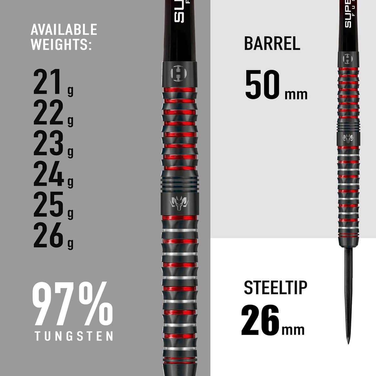 Harrows Wolfram Infinity specifications showing available weights 21g to 26g, 97% tungsten, a 50mm barrel and a 26mm steel tip
