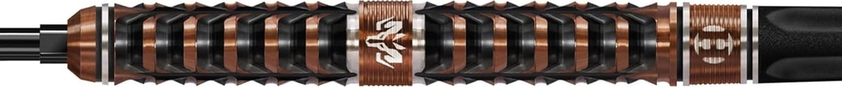 Harrows Wolfram Trinity barrel horizontal showing deep black milled grip cuts with bronze rings, a bronze logo band in the middle and a Harrows logo ring at the rear