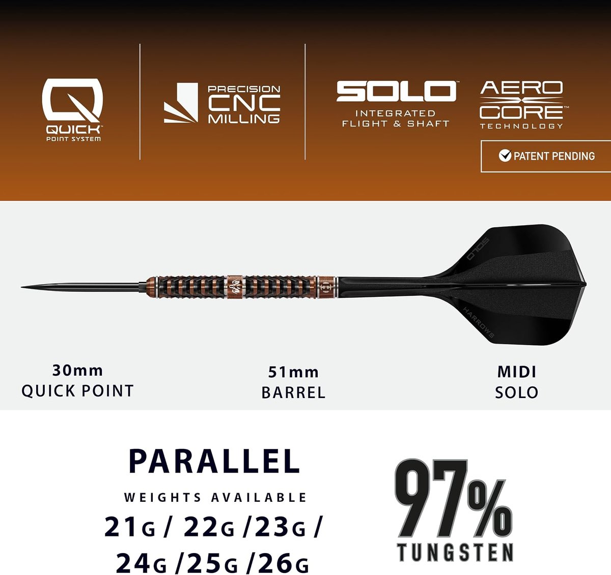 Harrows Wolfram Trinity specification graphic showing a 30mm Quick Point, 51mm barrel and Midi Solo, a parallel barrel in 21g to 26g, and 97% tungsten