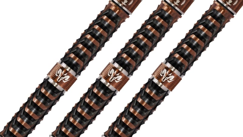 Three Harrows Wolfram Trinity dart barrels at an angle showing the black and bronze CNC-milled grip cuts and the logo band