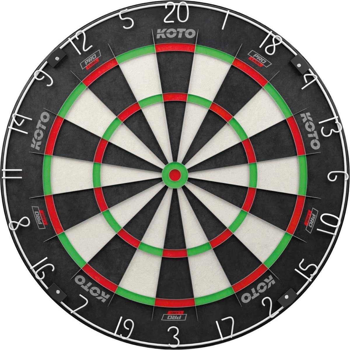 KOTO King Pro 360 dartboard face showing the Pro Label markings, rotatable number ring, and staple-free bull