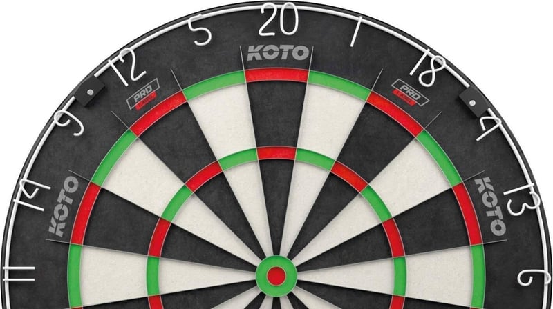 Upper section of the KOTO King Pro 360 dartboard face showing the KOTO branding and Pro Label markings