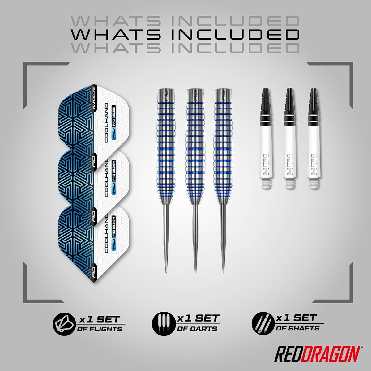 Red Dragon Luke Humphries TX3 what's included: three Hardcore Coolhand flights, three barrels, and three white Nitrotech shafts