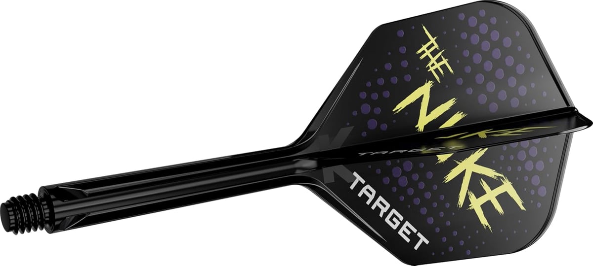 Target K-Flex No.6 Luke Littler integrated flight and stem system in black with yellow and purple Nuke branding