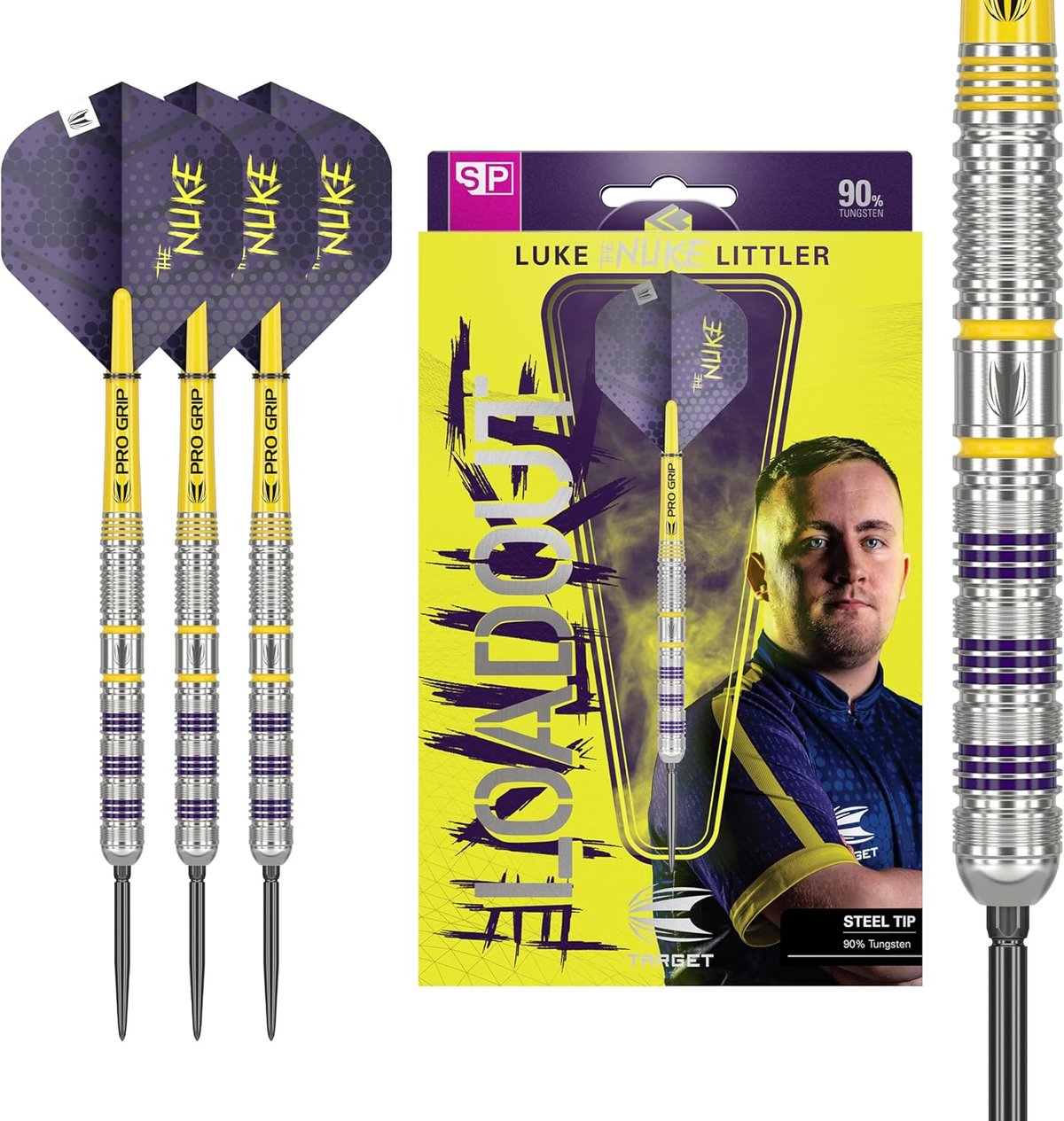 Target Luke Littler Loadout darts set showing the 90% tungsten barrels, Nuke flights, and retail packaging