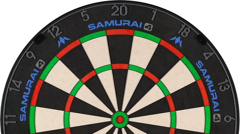 Upper section of the Mission Samurai 4 dartboard face in Graphite, showing the blue Samurai 4 and Mission branding