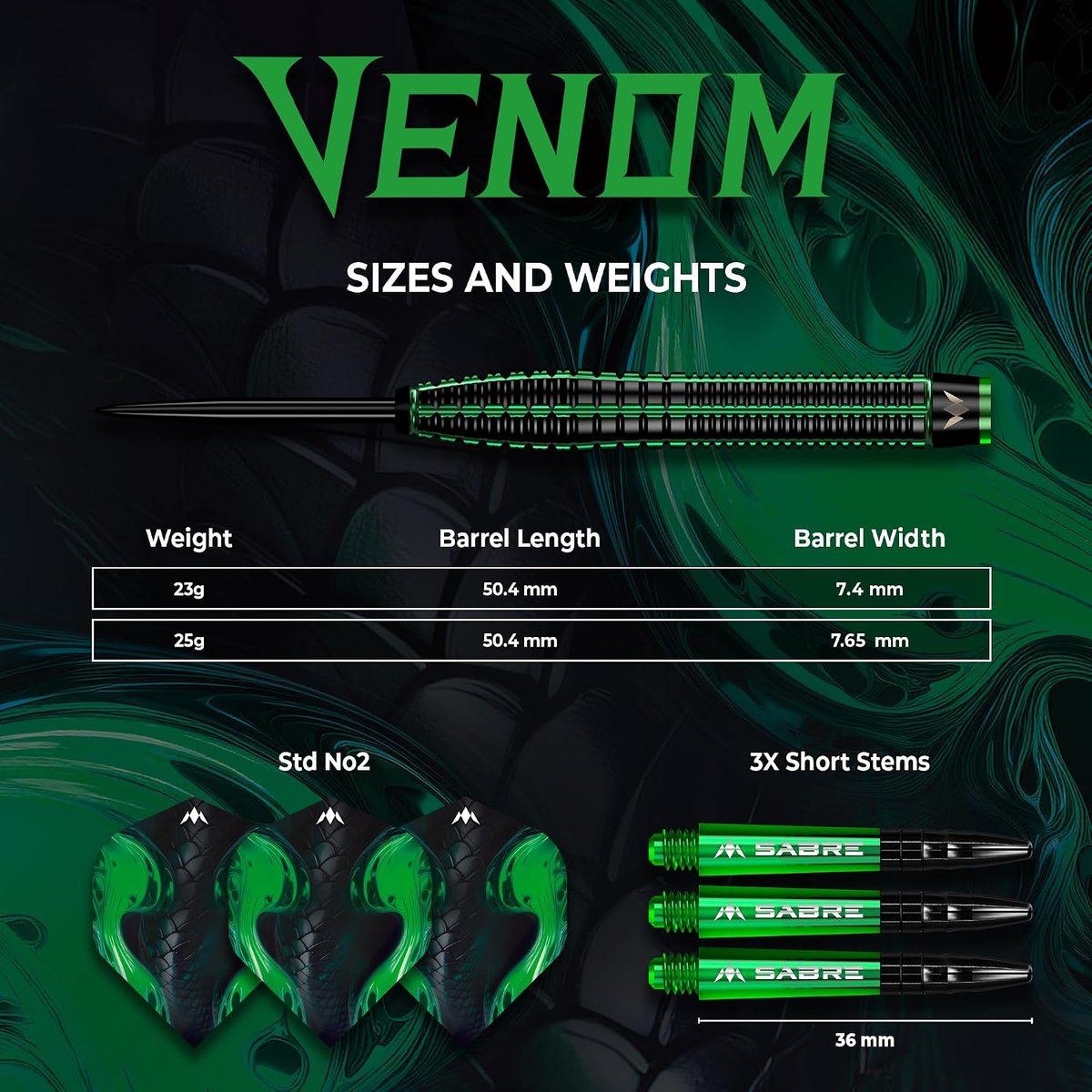 Mission Venom sizes and weights chart showing 23g and 25g barrels at 50.4mm long, 7.4mm and 7.65mm wide, with Std No2 flights and 36mm short Sabre stems