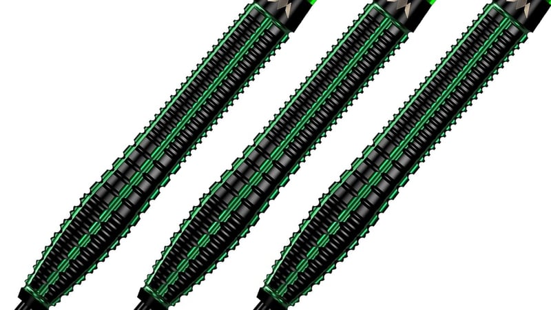 Three Mission Venom dart barrels at an angle showing the black and green radial grooves and milled grip